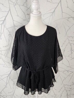 Eclipse Black Textured Polkadot Chiffon Overlay Belted Top